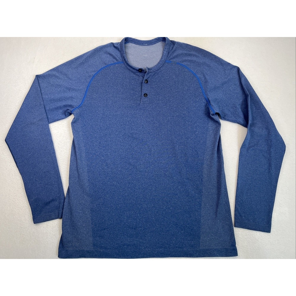 LULULEMON Shirt Mens L Large Blue Metal Vent Tech Henley Long Sleeve Stretch Top